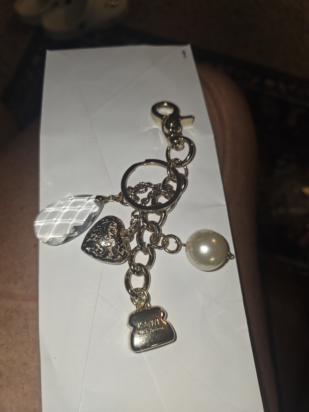 Kathy Van Zeeland Gold-Tone Charm Keyring with Crystal, Heart & Pearl